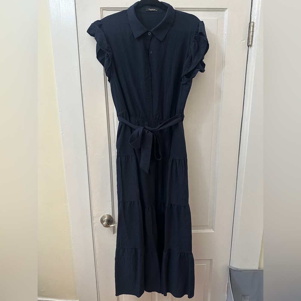 Navy blue collared midi dress